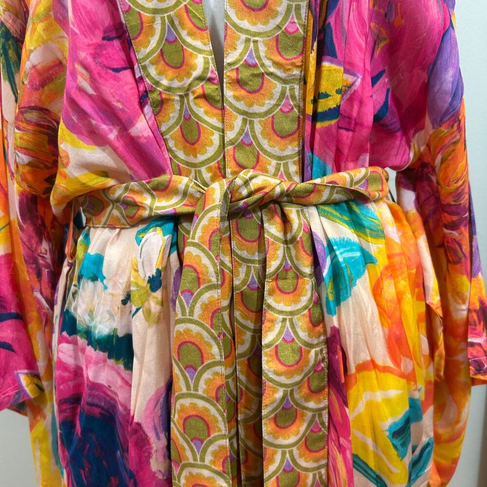 Powder Floral Bright Graphic Kimono Robe Soft Viscose/Pockets Belt OS - Picture 6 of 11
